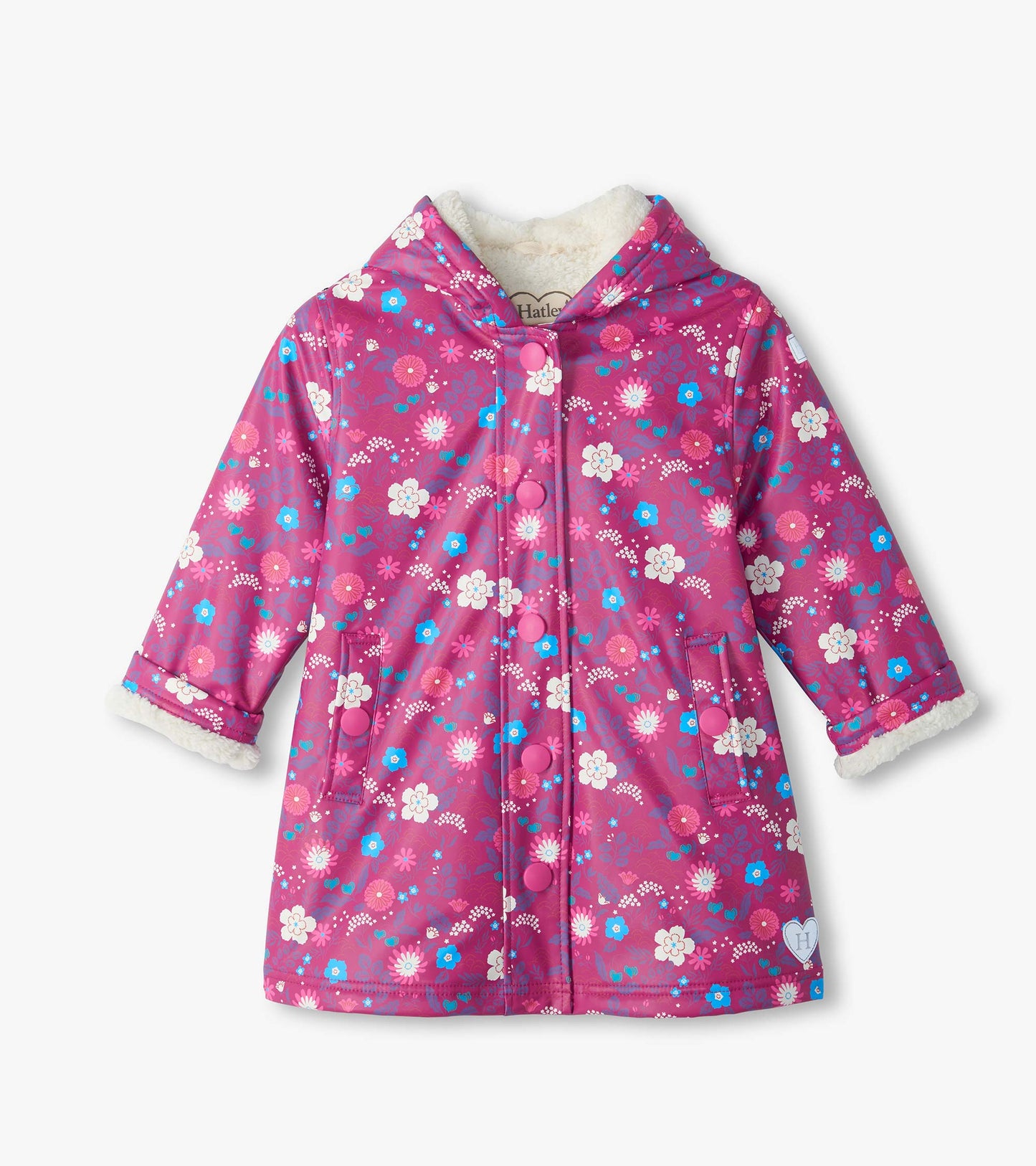 Front view of pink hooded jacket with white, blue, and pink tiny flower print and snap front