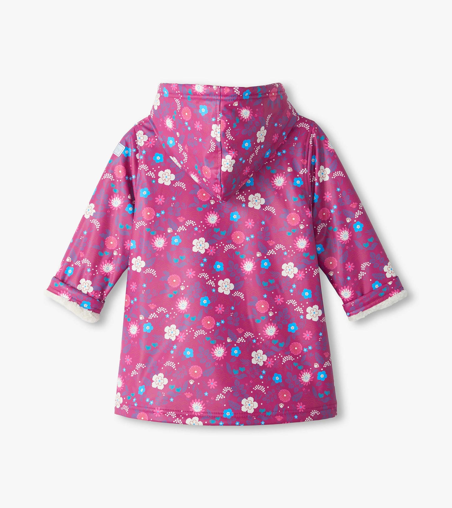 Back view of pink hooded jacket with white, blue, and pink tiny flower print
