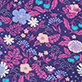 Purple floral pattern with pink, blue, and white flowers and leaves