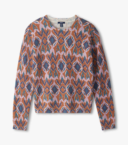Flat lay of Noa sweater with allover textured ikat pattern in pink, brown, blue and teal