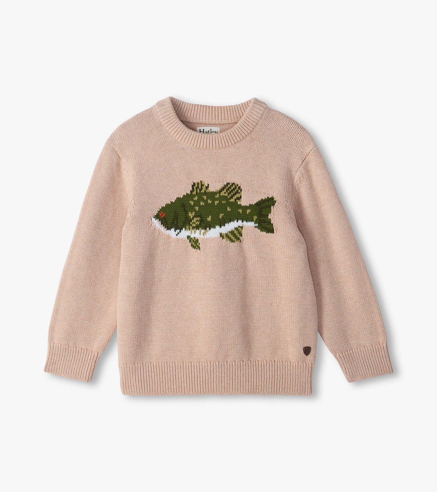 Light pink crew neck sweater with a green fish graphic on the front