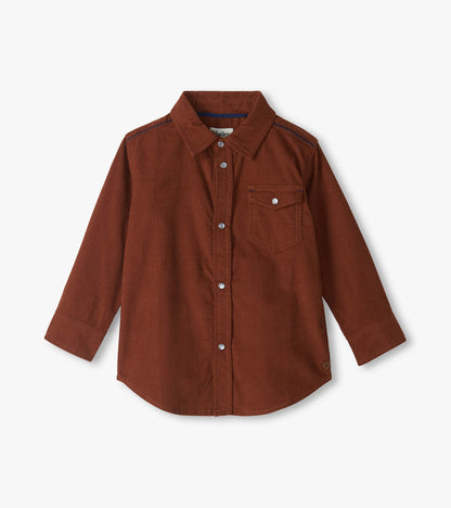 Front view of boys tortoise brown button-down shirt with collar, chest pocket and long sleeves