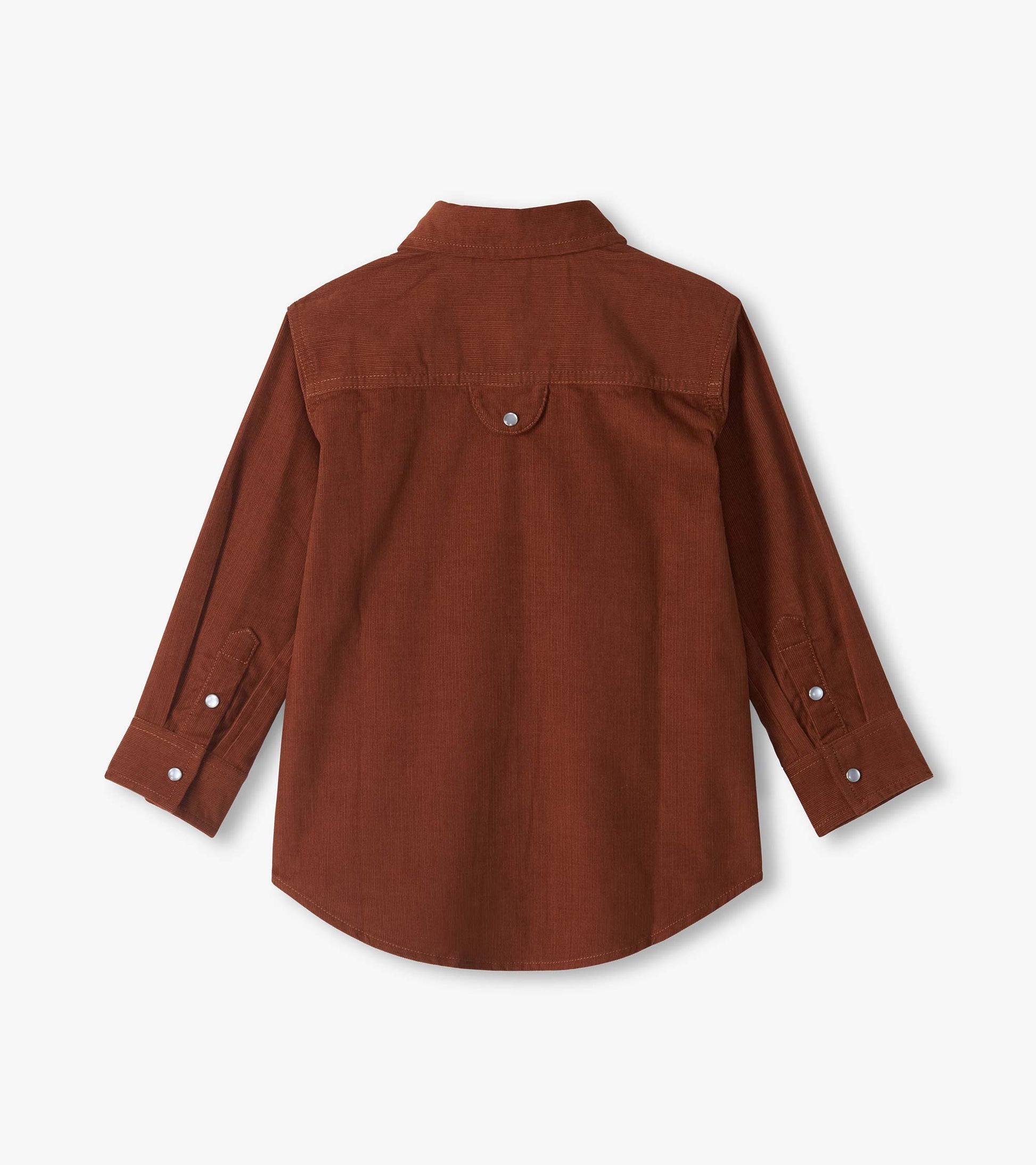 Back view of boys tortoise brown long sleeve button-down shirt with back yoke and curved hem