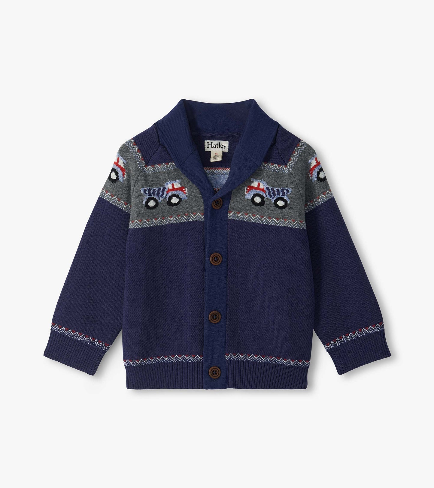 Front view of navy shawl collar cardigan with brown buttons and gray yoke featuring red and blue truck pattern