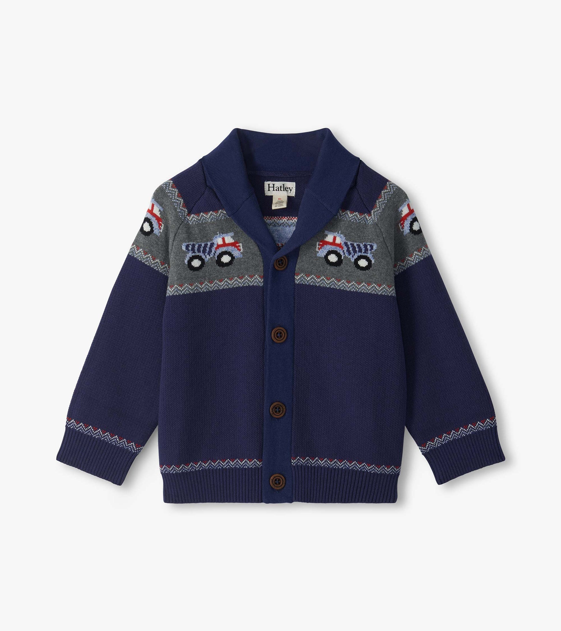 Front view of navy shawl collar cardigan with brown buttons and gray yoke featuring red and blue truck pattern