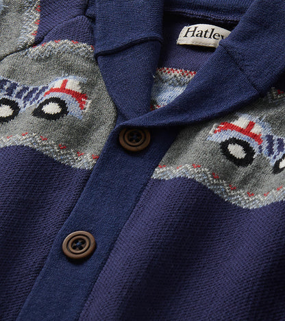 Cardigan à motif de camions à col châle boutonné – Bébé et tout-petit garçon