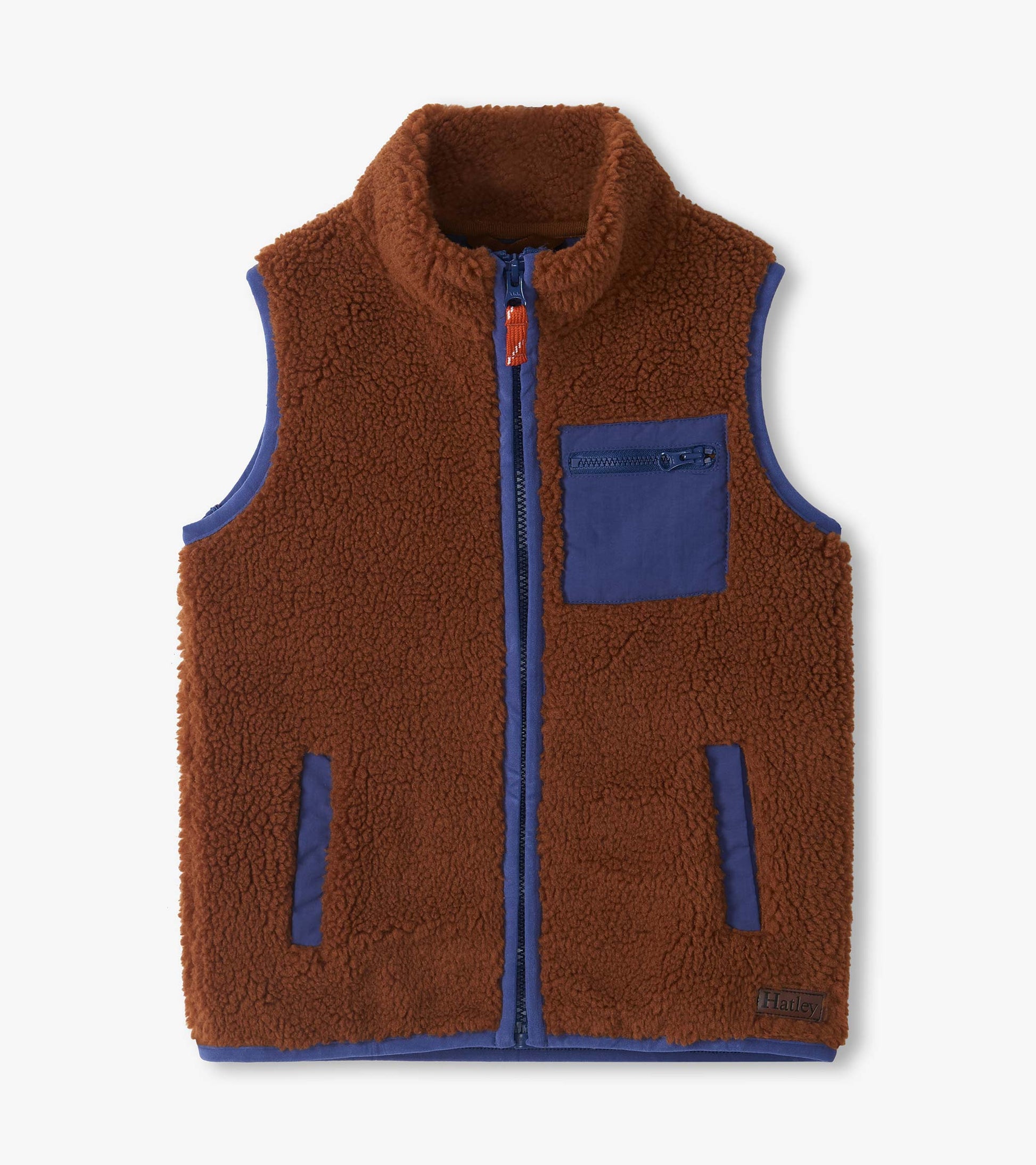 Brown sherpa vest with blue trim, full zip front, zip chest pocket, and two front pockets