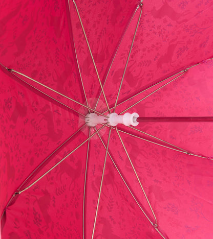Inside view of pink umbrella showing metal ribs and shadowed unicorn forest pattern