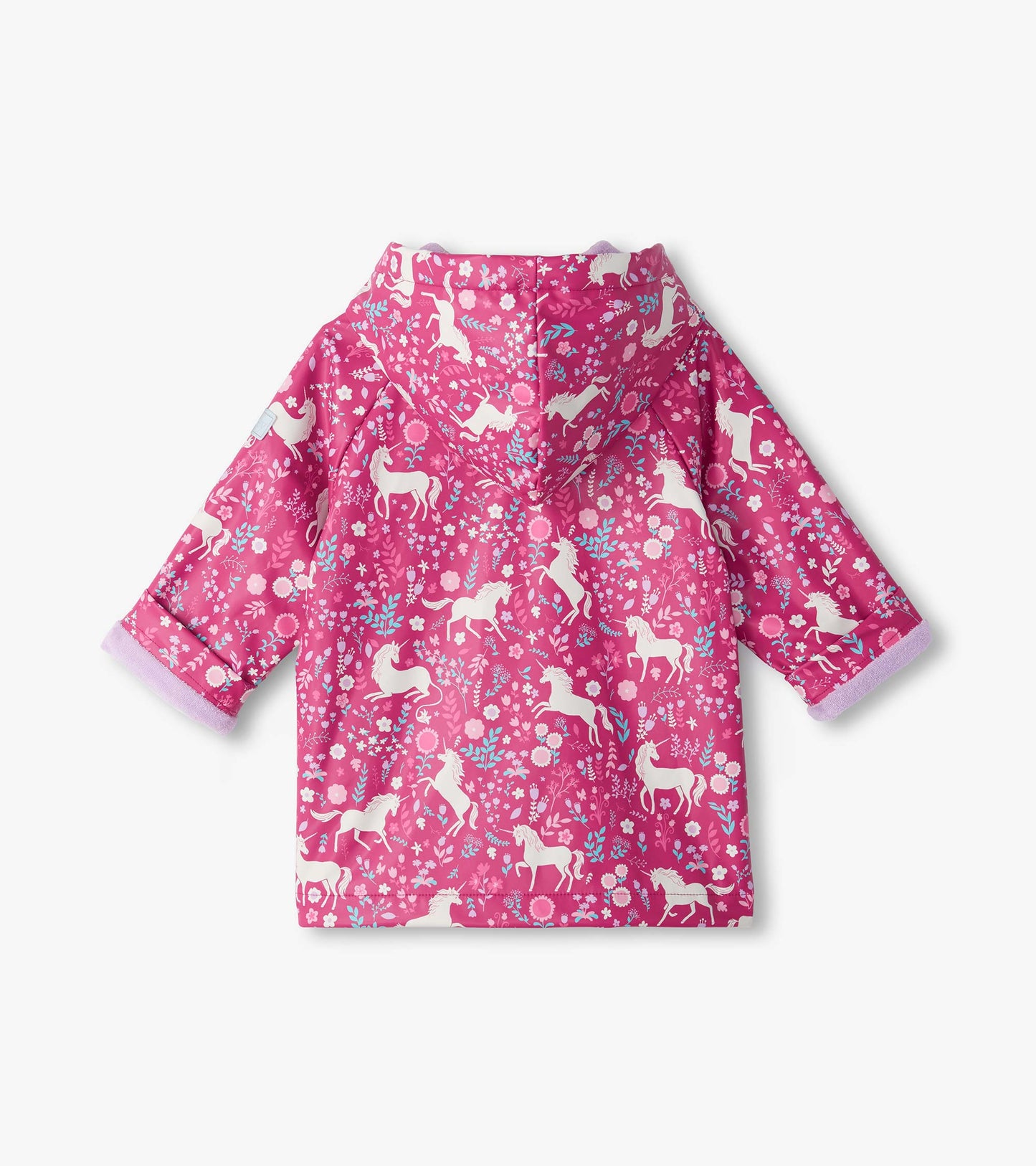 Back view of pink hooded rain coat with white unicorn and floral print and lavender trim at the cuffs
