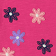 Pink background with six flower doodles in navy, blue, peach, and pink