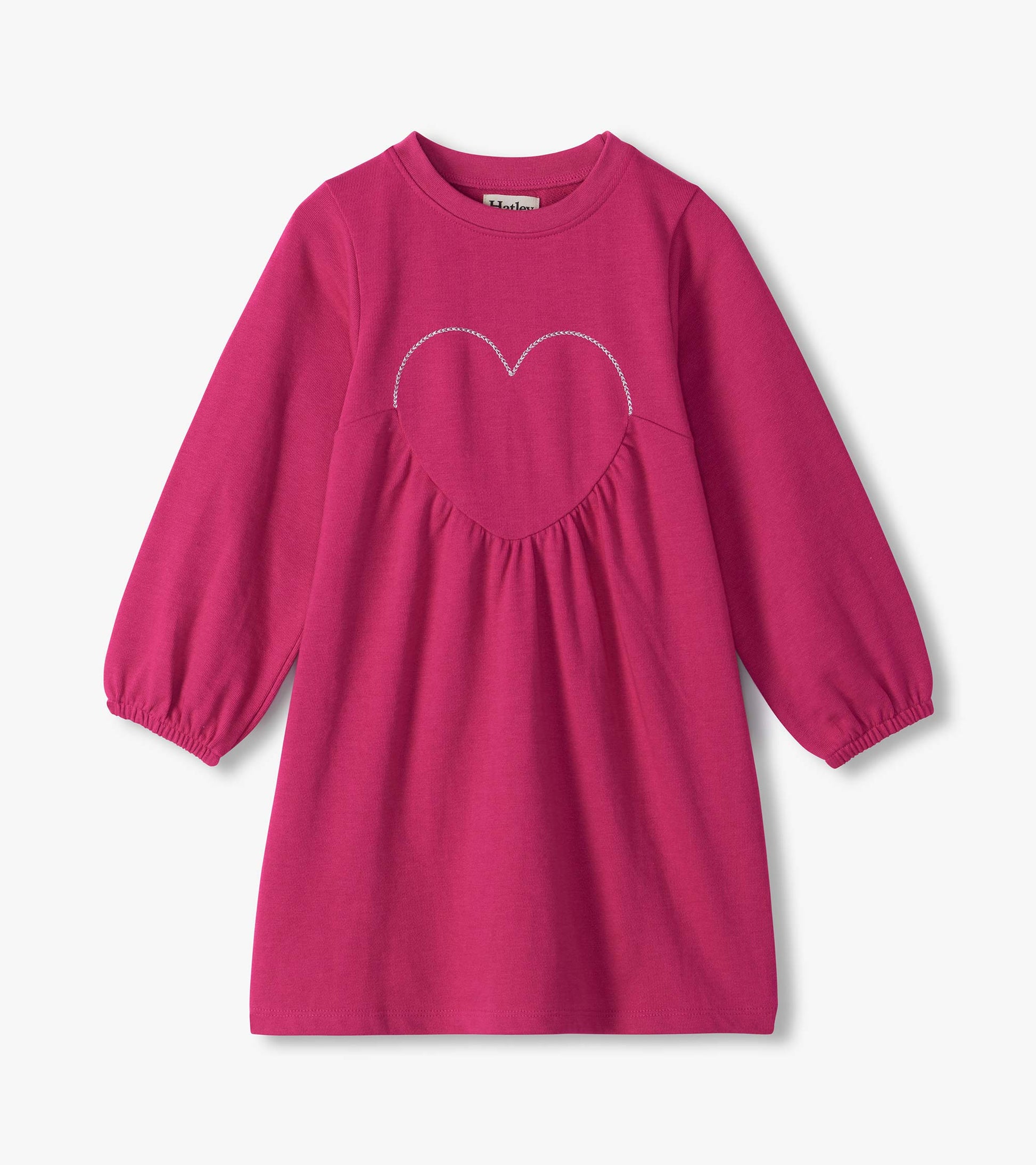 Berry pink girls dress with long sleeves, gathered skirt, and heart applique detail on the chest