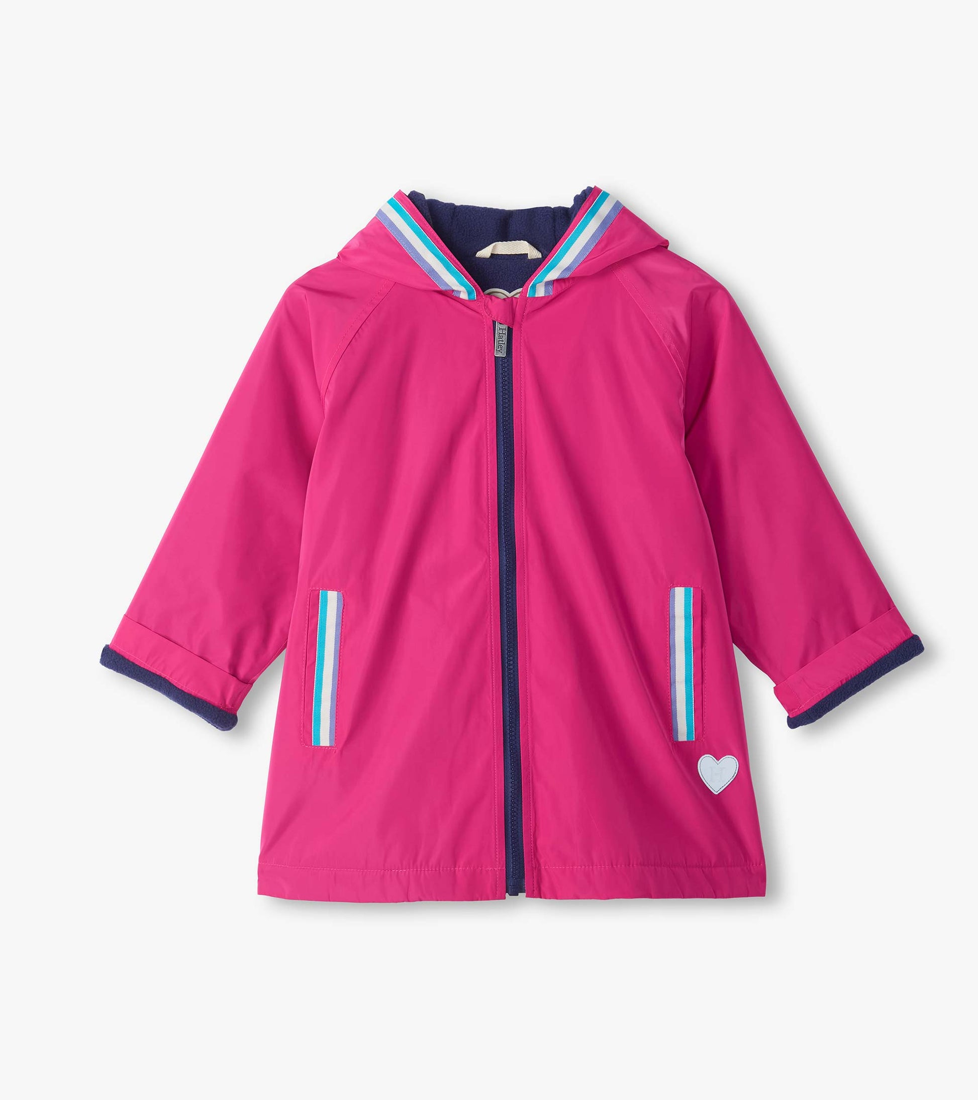 Front view of kids berry pink hooded rain jacket with striped trim, zip front, patch pockets, and heart detail