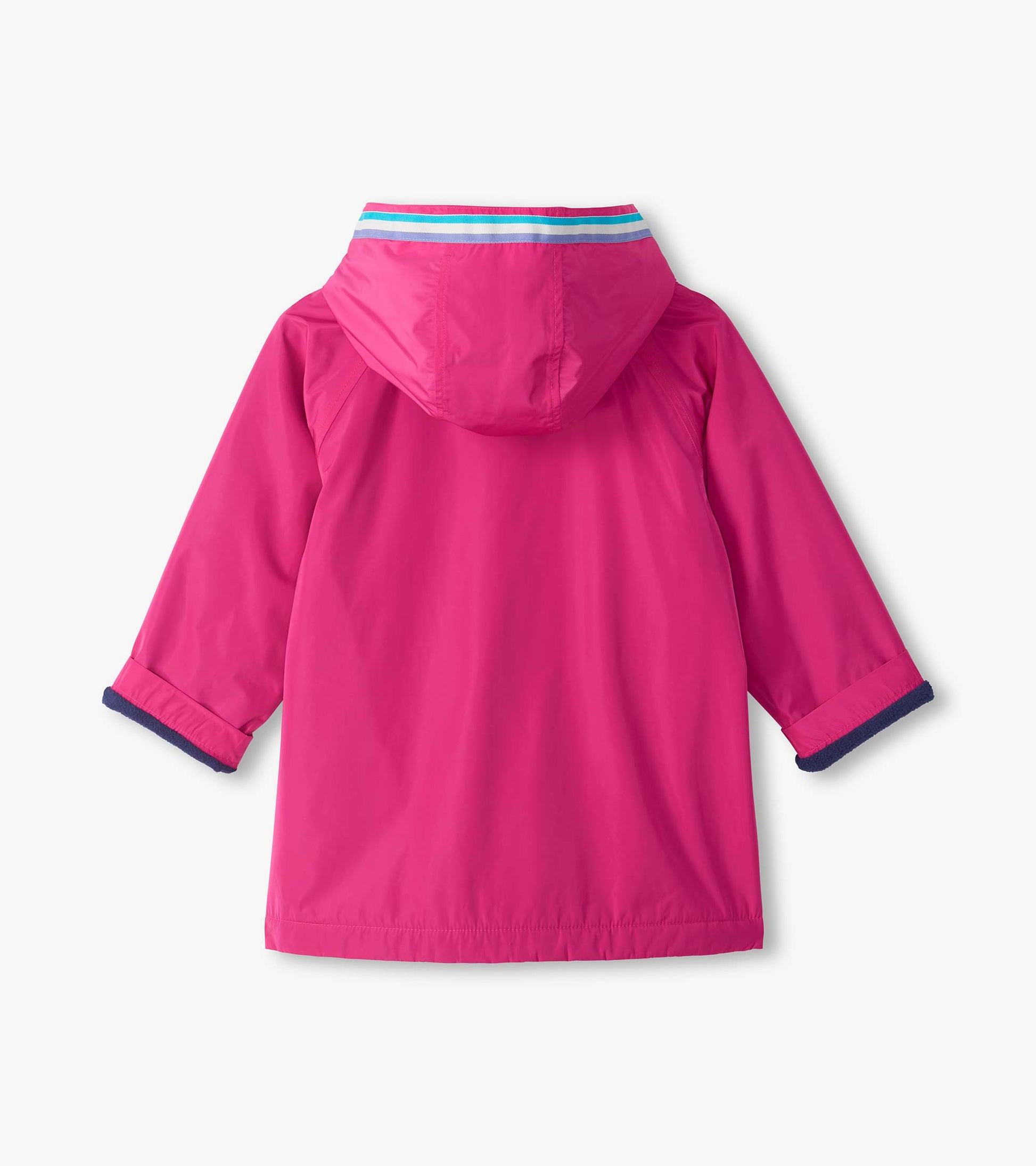 Back view of kids berry pink hooded rain jacket with striped trim along the hood