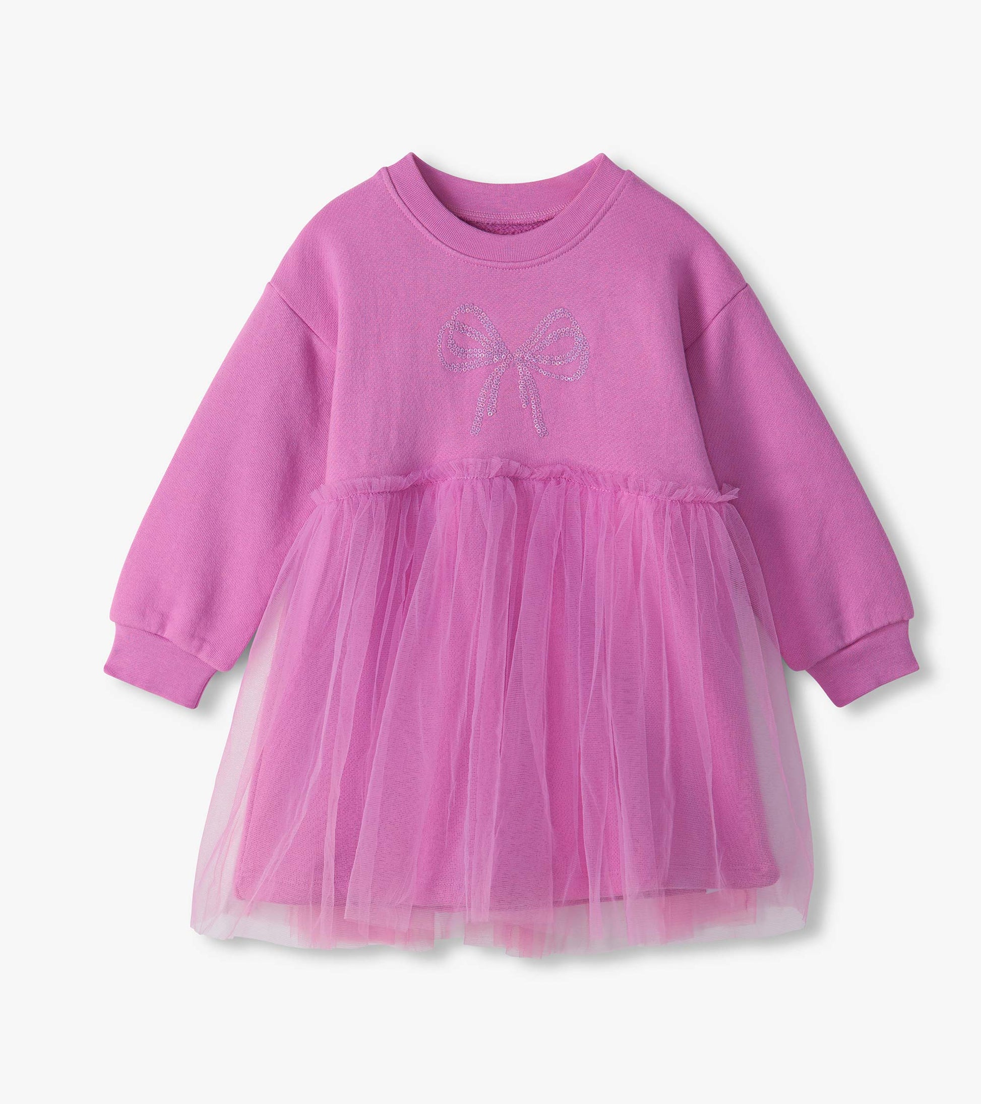 Violet long-sleeve dress with a tulle skirt overlay and bow detail on the chest