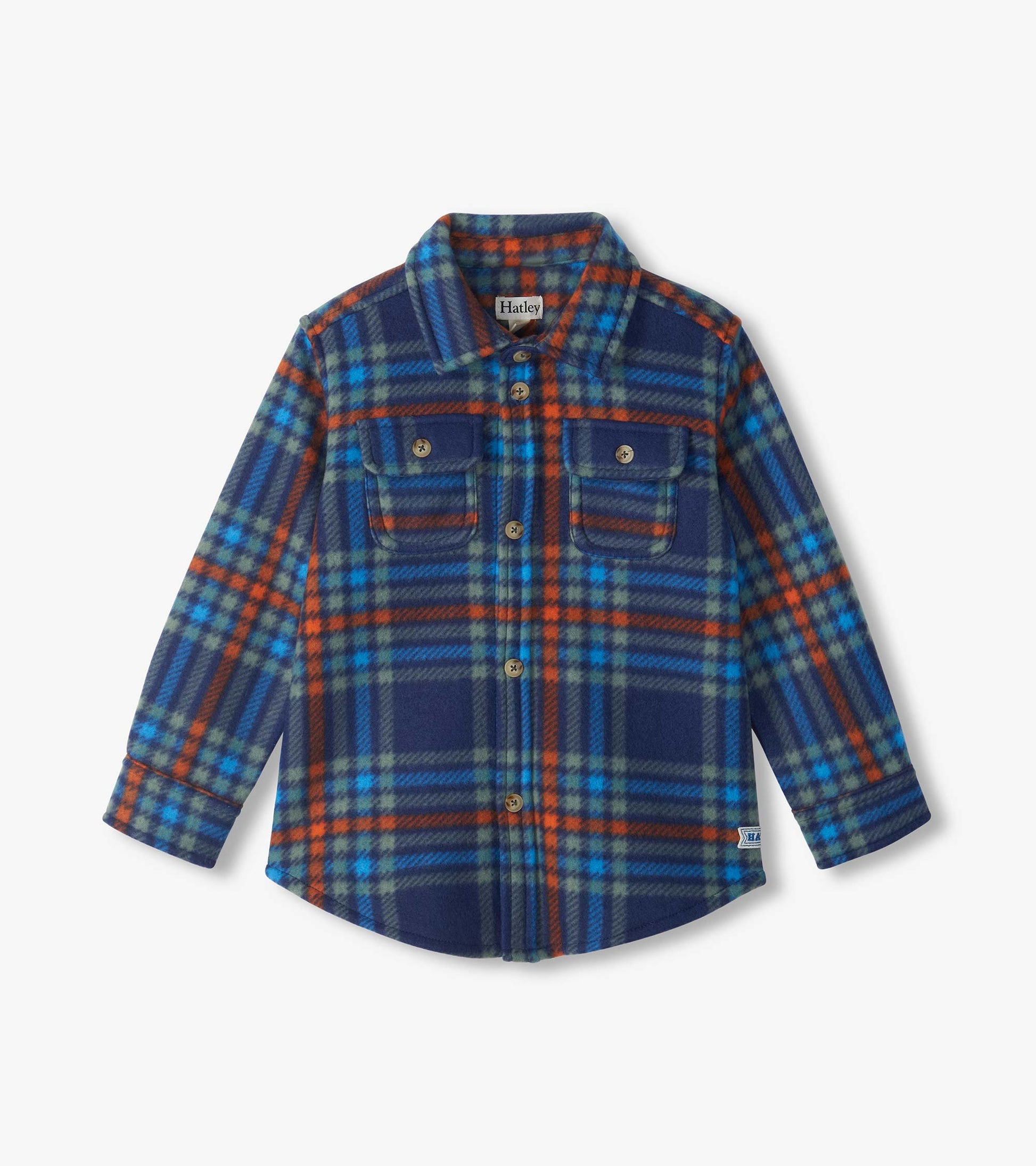 Kids plaid buttondown shirt in navy, blue, green and orange with long sleeves and two chest pockets