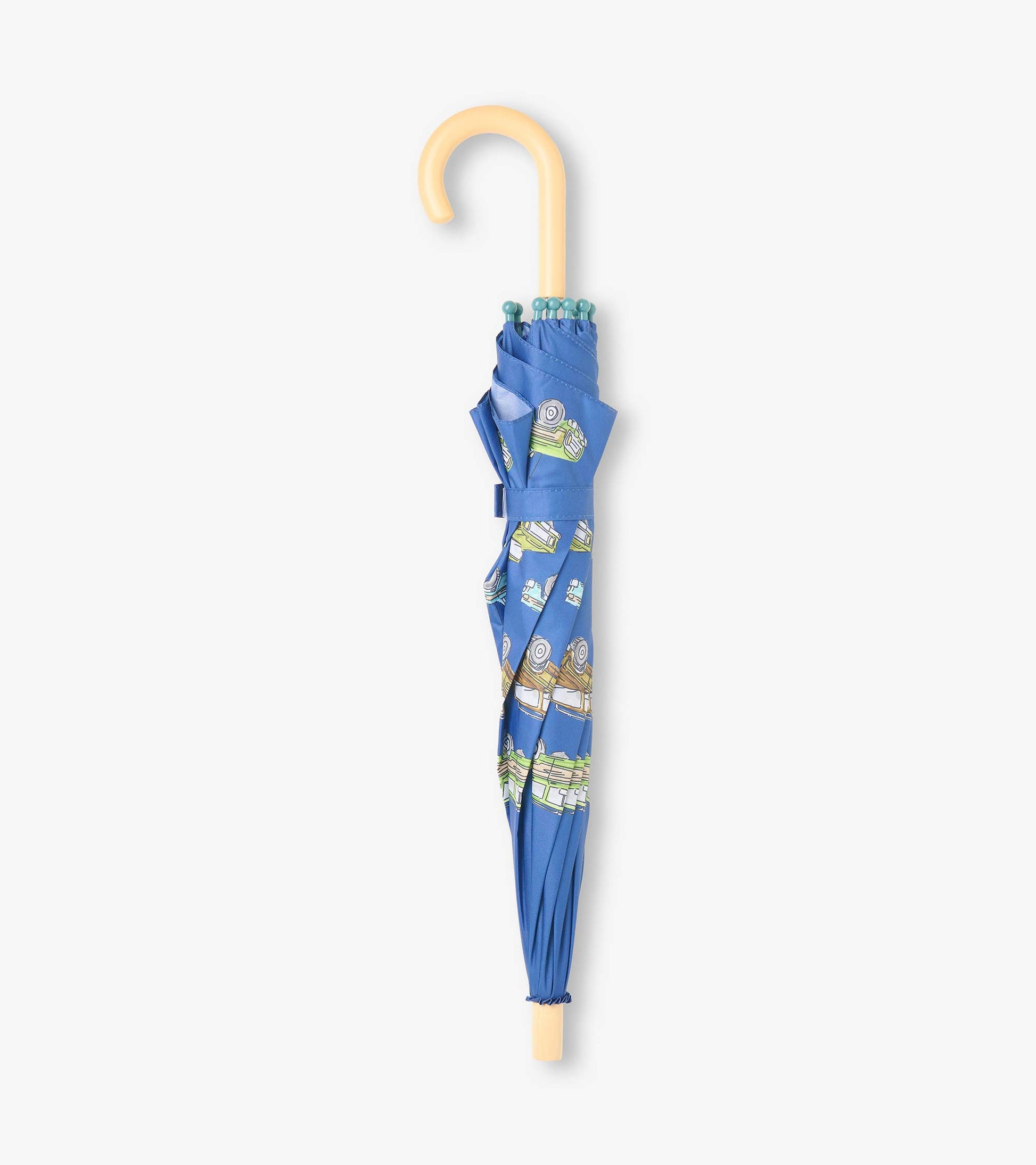 Closed blue umbrella with vintage truck print, strap closure, and curved light wood-tone handle