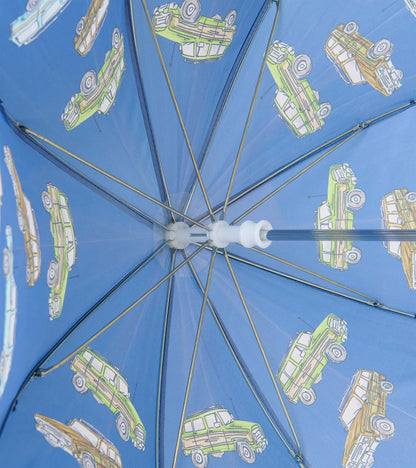 Interior view of blue umbrella showing metal ribs and vintage truck print