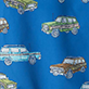 Blue background with a repeating pattern of colorful illustrated vintage cars