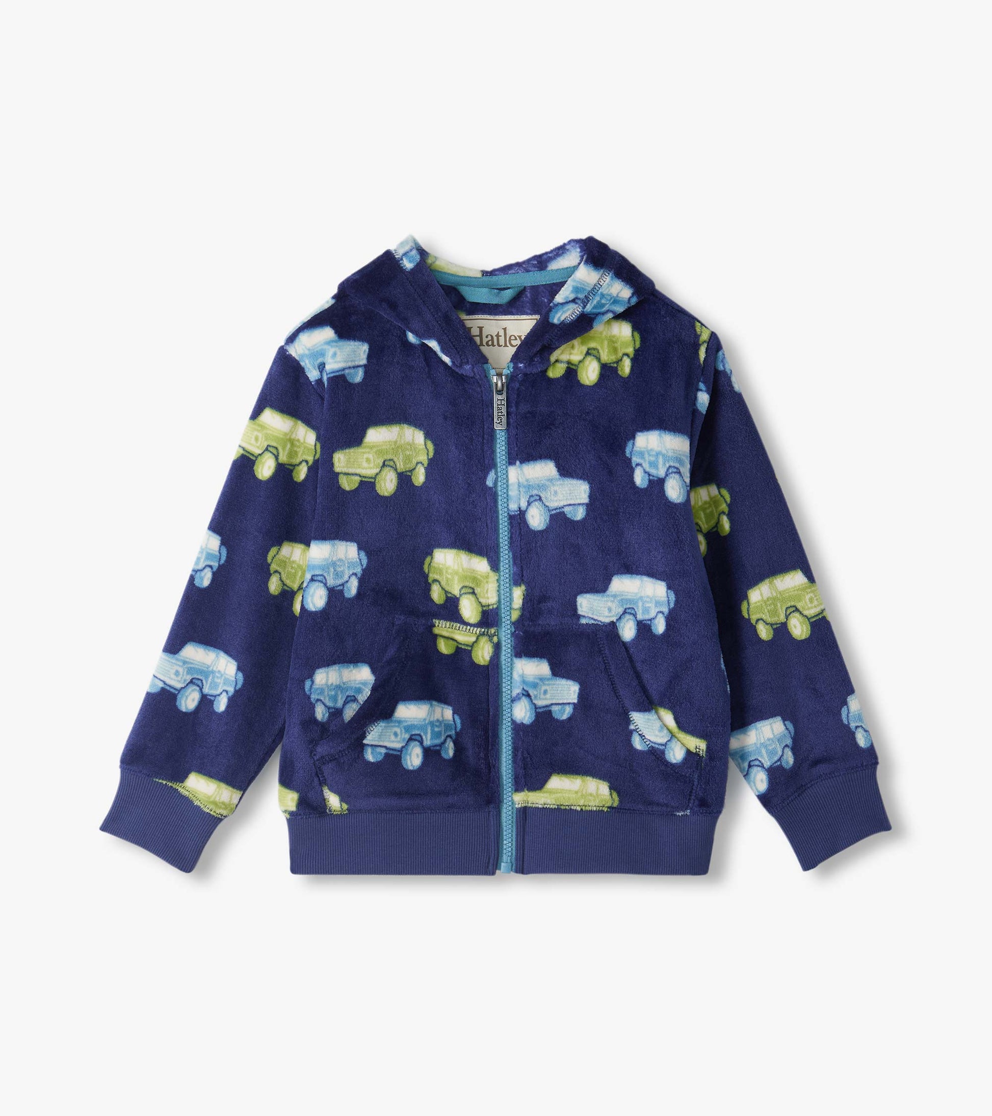 Kids navy zip-up hoodie with hood, front pockets, and blue and green vintage truck print