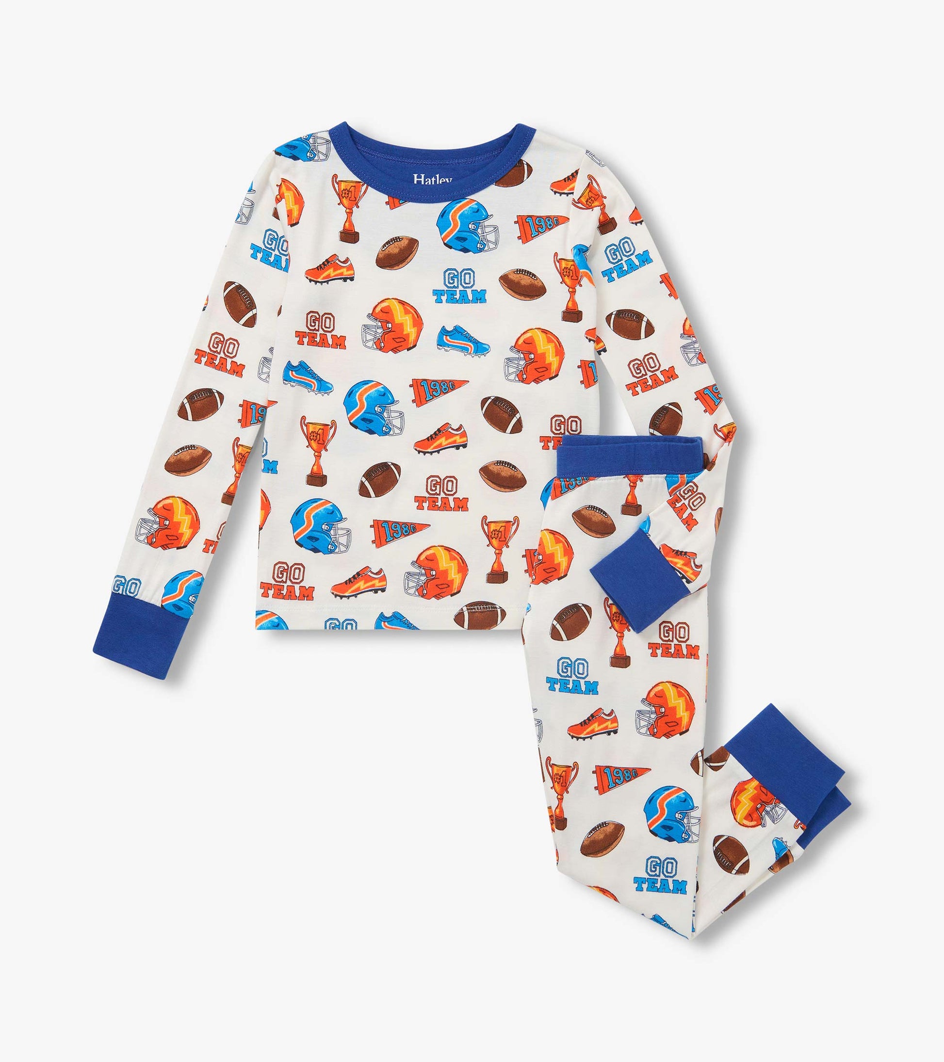 Kids pajama set with blue trim and football print featuring helmets, trophies, shoes, pennants, and 'Go Team