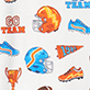 Sports-themed graphics including a football helmet, pennant, trophy, football, and orange-and-blue stickers with words l