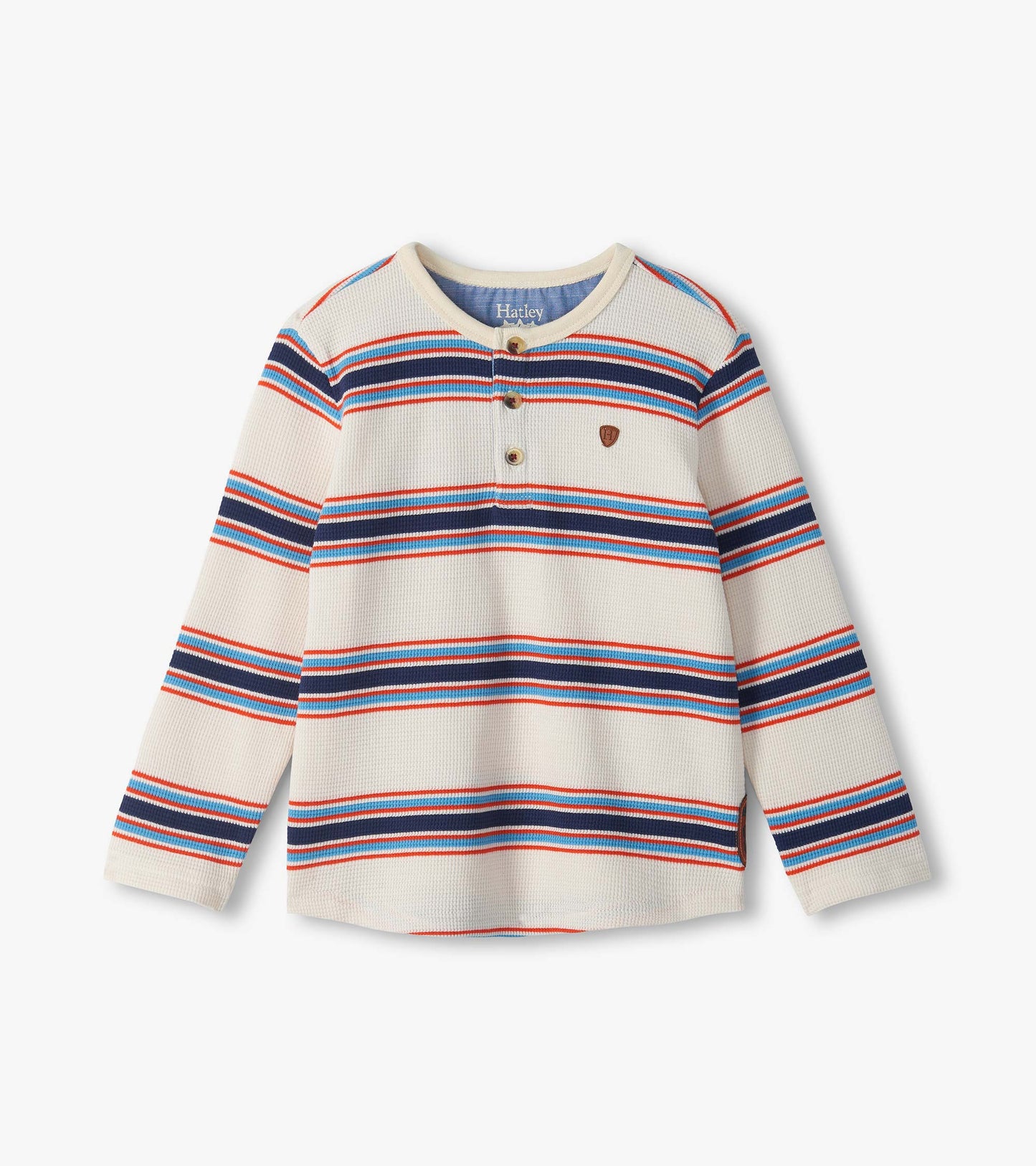 Kids waffle henley shirt in cream with blue and red varsity stripes and three-button neckline