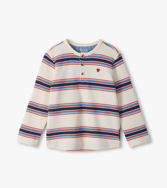 Kids waffle henley shirt in cream with blue and red varsity stripes and three-button neckline