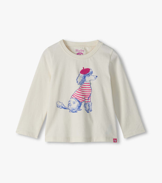 Cream long sleeve infant tee with blue poodle graphic, pink striped shirt, and beret on front