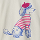 Blue dog illustration wearing a red hat and red-and-white striped shirt