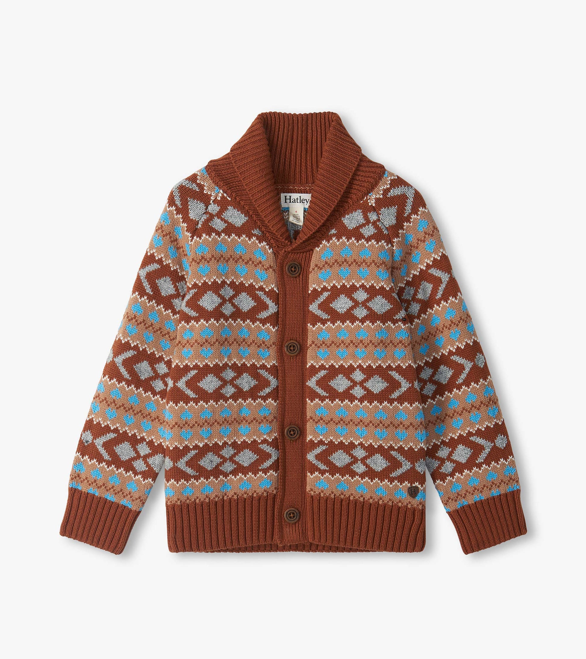 Boys brown shawl collar cardigan with button front, ribbed trim, and blue, tan, and gray Fair Isle pattern