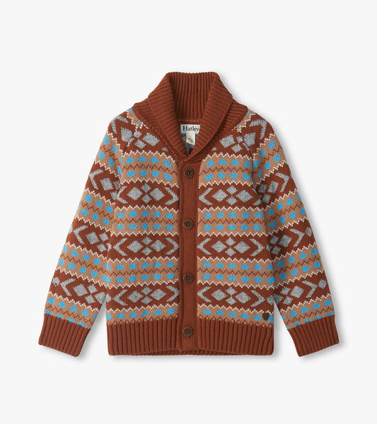 Boys brown shawl collar cardigan with button front, ribbed trim, and blue, tan, and gray Fair Isle pattern