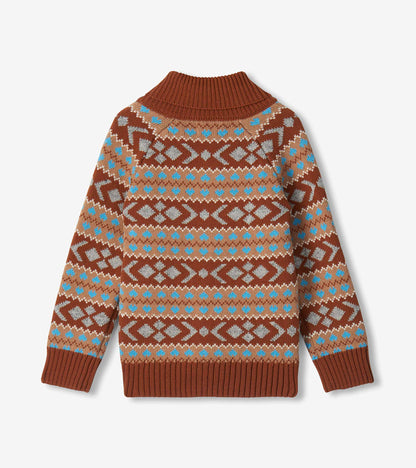 Cardigan à motif jacquard brun rouille à col châle boutonné – Garçon