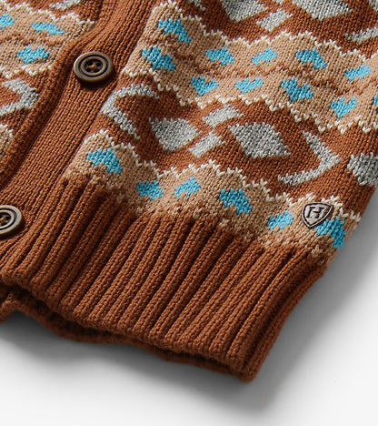 Cardigan à motif jacquard brun rouille à col châle boutonné – Garçon