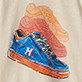 Blue and orange high-top sneaker with orange laces and a white H on the side