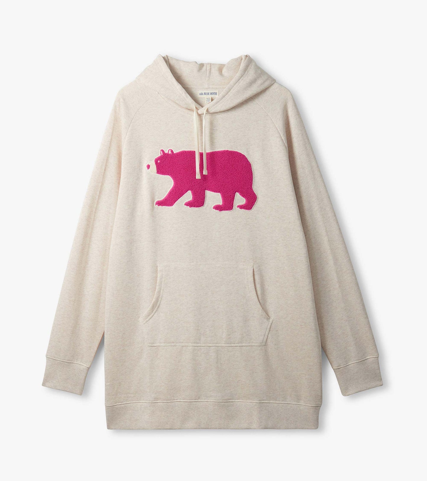 Cream oversized hoodie with pink bear graphic, drawstring hood, and front kangaroo pocket
