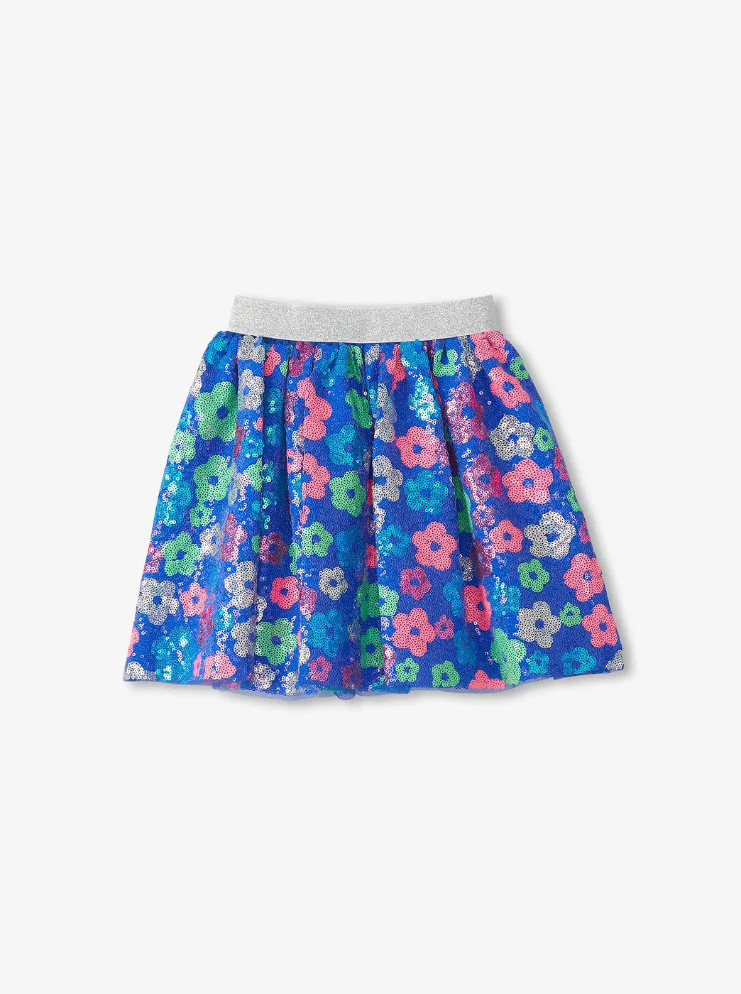 Shop girls' bottoms collection. Showing blue floral sequin skirt with a silver waistband on a plain background.
