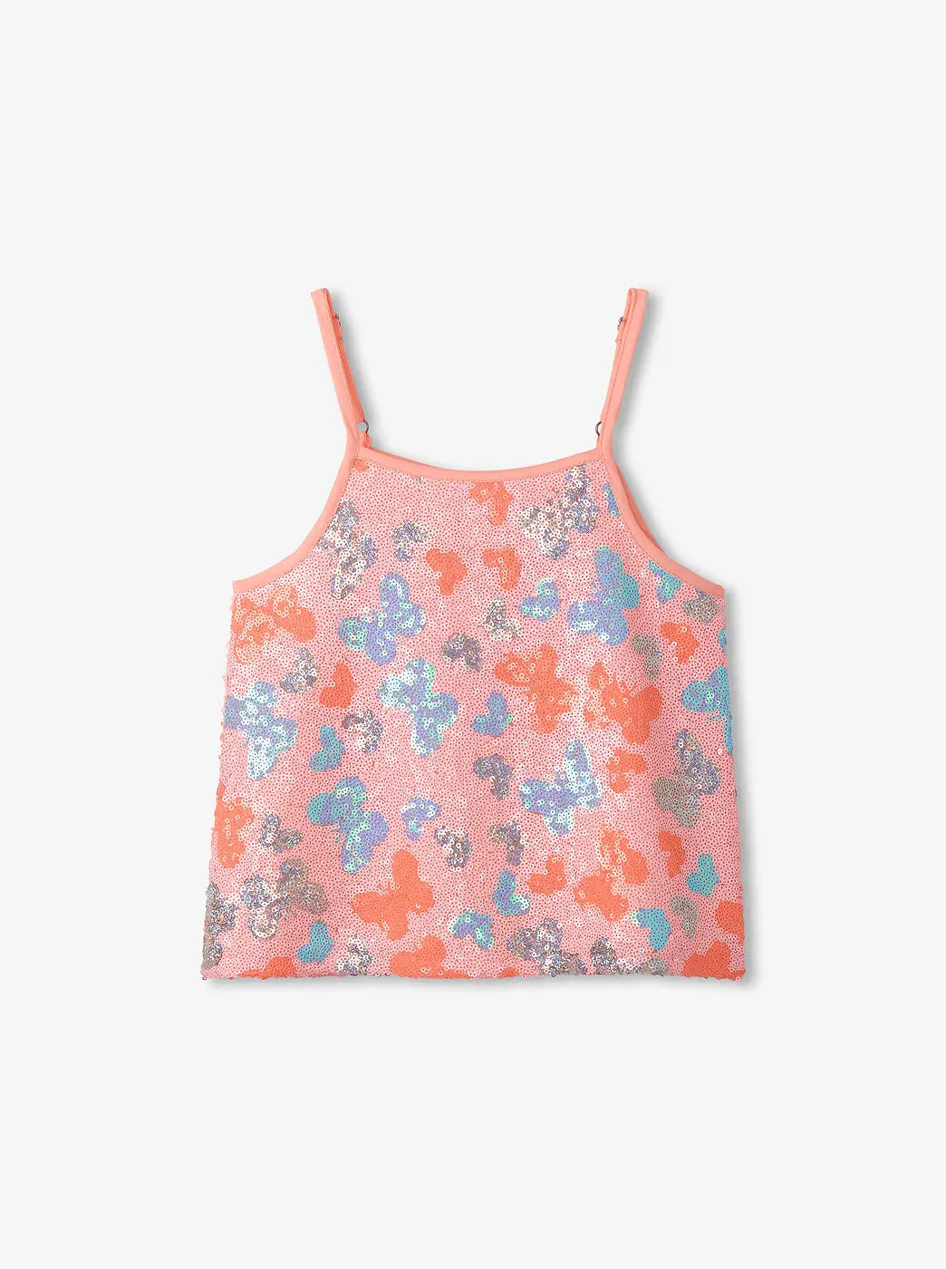 Promotes the tops collection. Showing pink sequin camisole with multicolour butterfly pattern on a plain background.