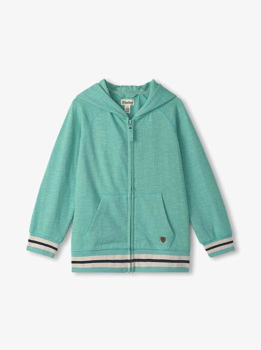 Promotes the boys sale collection. Showing mint green zip-up hoodie with striped trim on a plain background.