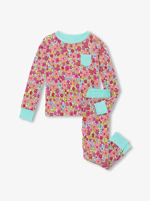 Promotes girls' sleepwear sale. Showing floral girls pajama set with aqua trim on a light background.
