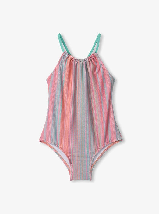 Promotes girls swim sale category. Showing striped one-piece swimsuit with mint green straps on a plain background.
