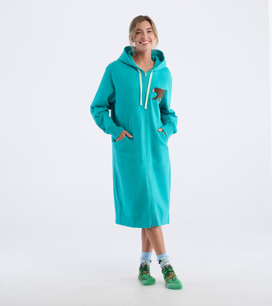 Veste très longue à capuchon et à fermeture à glissière pour femme – Ours brun
