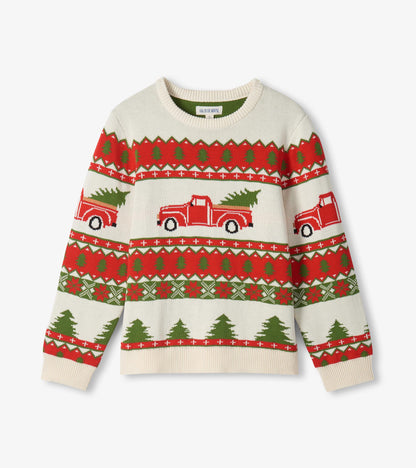 Kids Red Truck Hauling a Tree Holiday Sweater