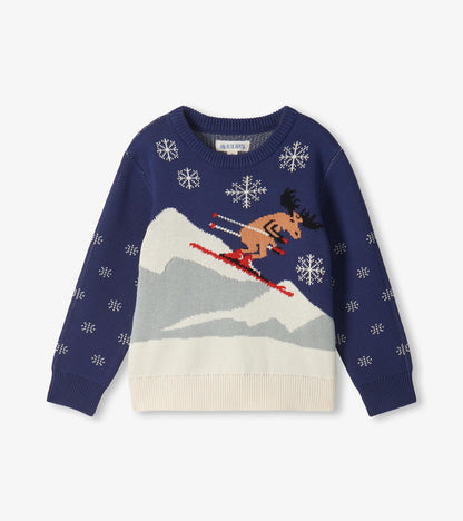 Kids Skiing Moose Holiday Sweater