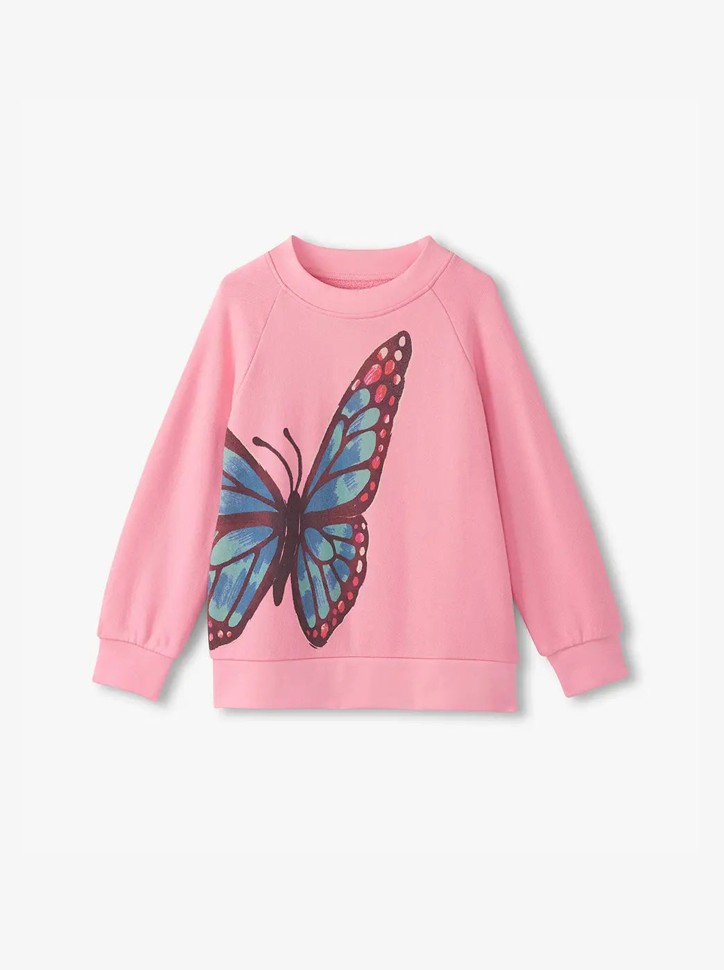 Promotes kids sale collection. Showing pink kids sweatshirt with a large blue butterfly graphic.