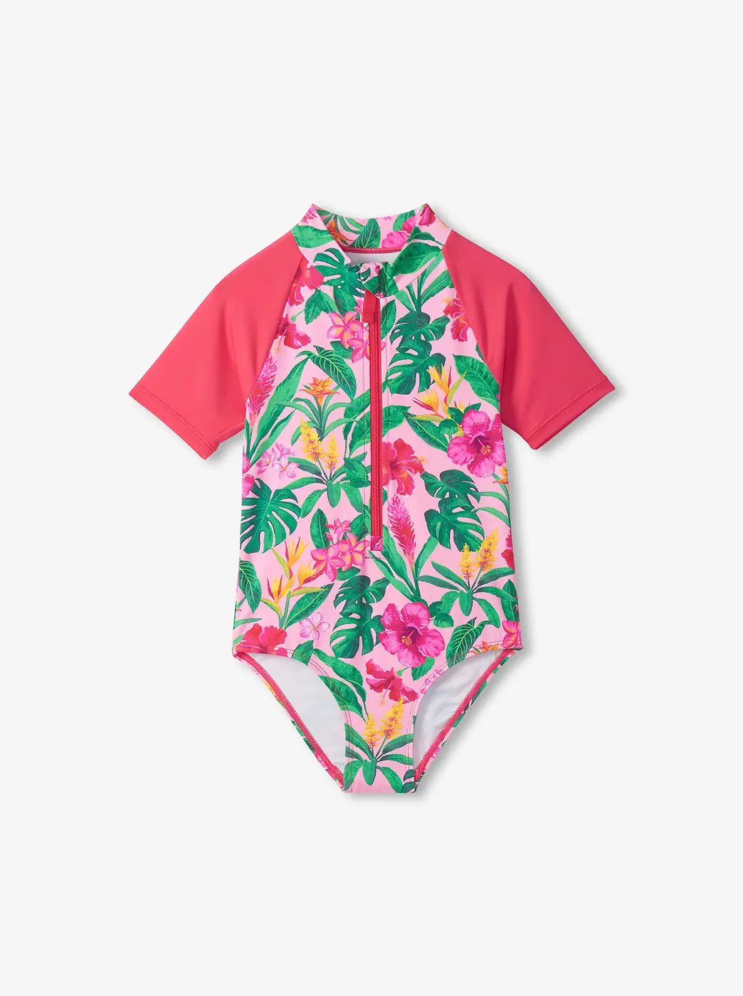 Shop kids' swimwear. Showing pink short-sleeve one-piece rashguard with tropical floral print. With "Swim" text.