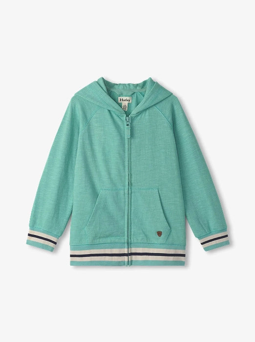 Promotes boys' sale collection. Showing mint green zip-up hoodie with striped cuffs and hem on a white background.
