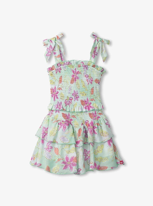 Girls sale collection banner. Showing mint green floral tie-strap ruffle dress. With "Girls Sale" text.