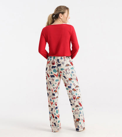 Red long sleeve t-shirt paired with patterned pajama pants, viewed from the back.