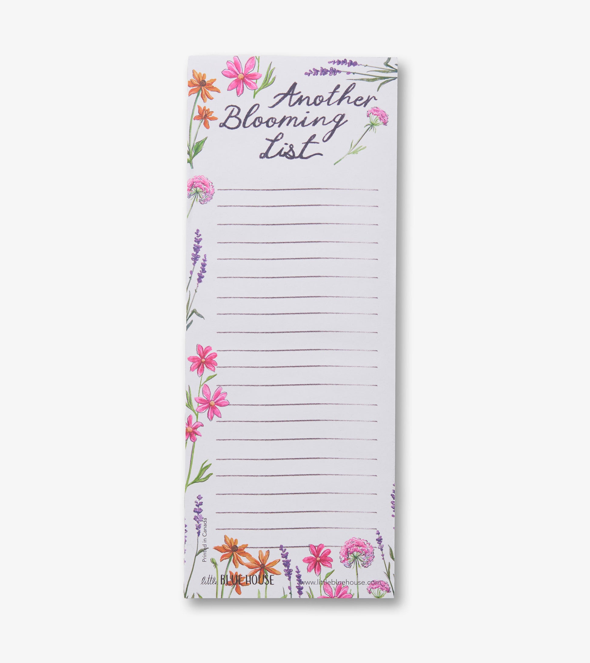 White magnetic notepad with floral border and lined writing space, front view