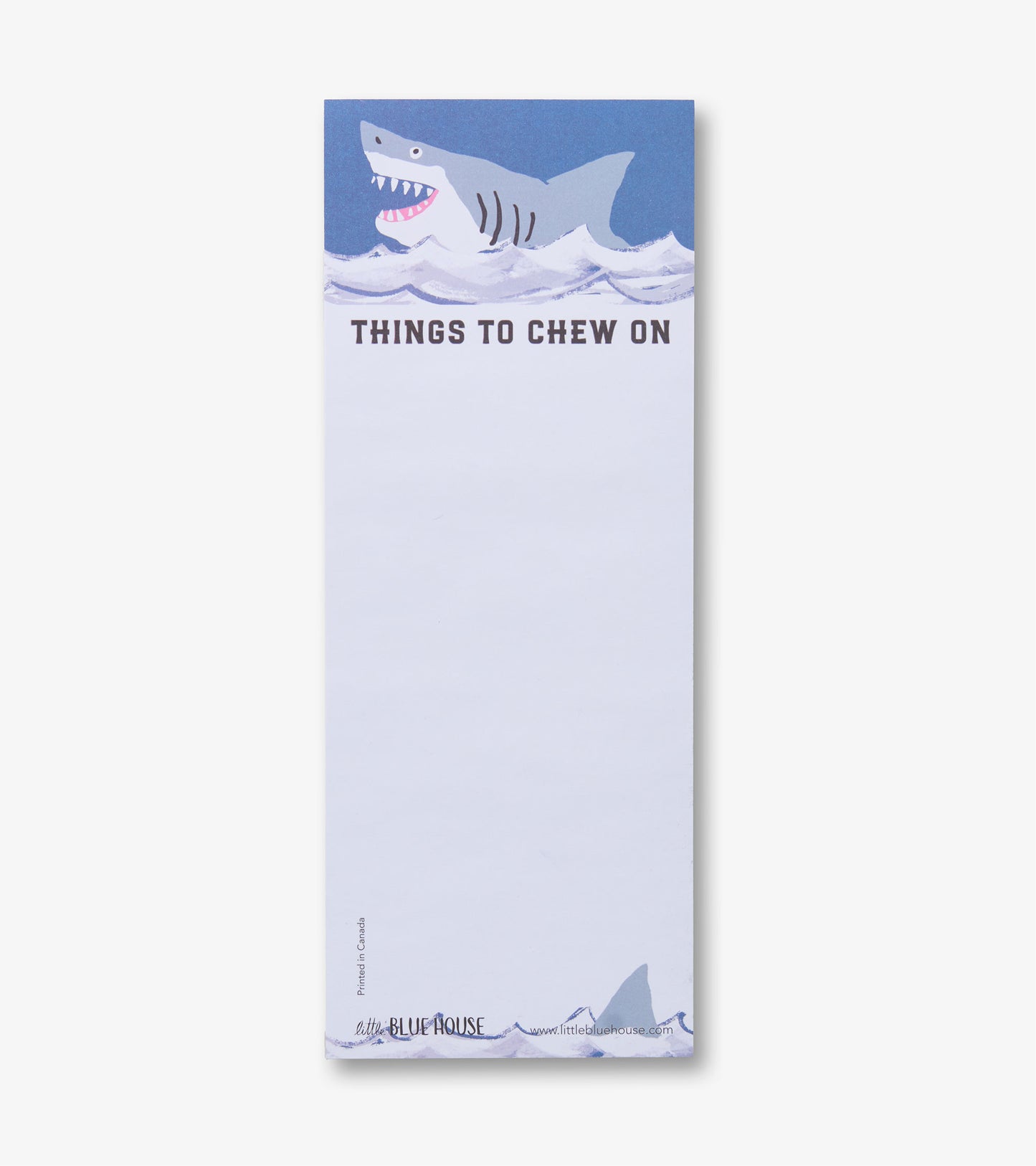 Magnetic notepad with shark illustration, blue top border, and blank white note area